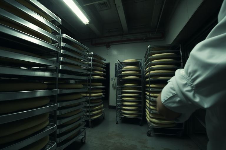 Right shoulder camera view of bakery racks and trays