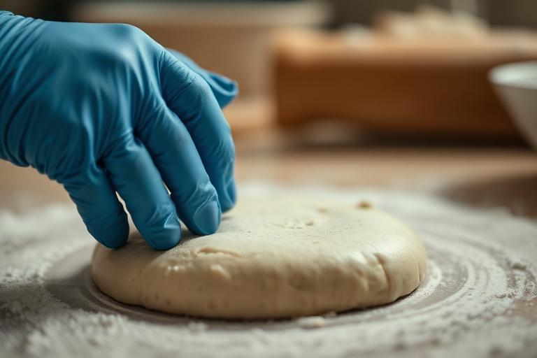 Left wrist camera close-up of a hand pressing dough