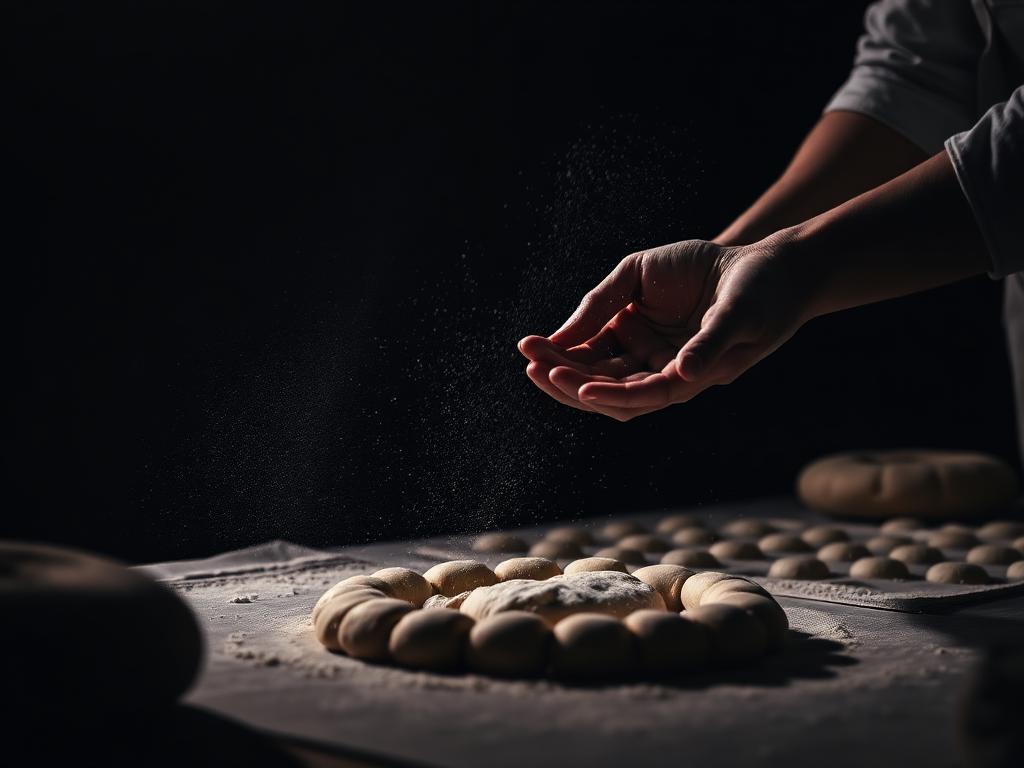 Artisan bakery production room with hands shaping dough