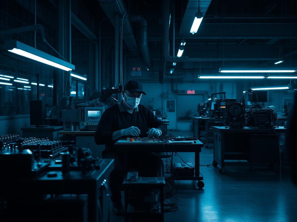 Light manufacturing factory floor with a worker at a bench