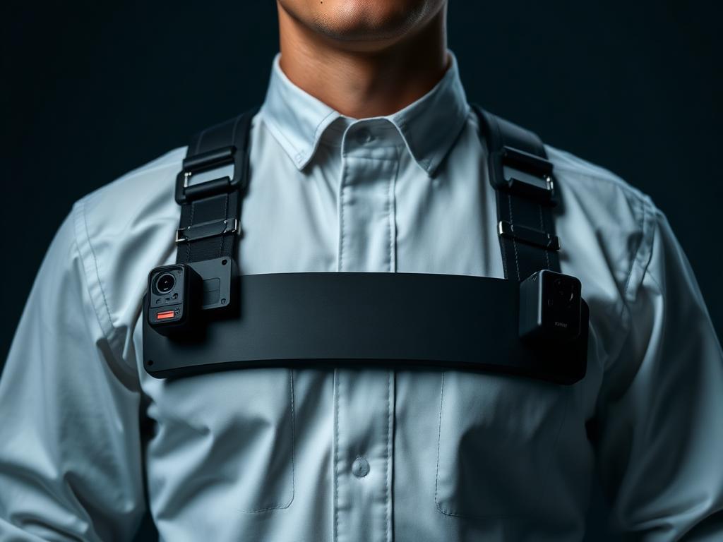Close-up of Bukla's compact body-mounted six-camera wearable worn over a work uniform